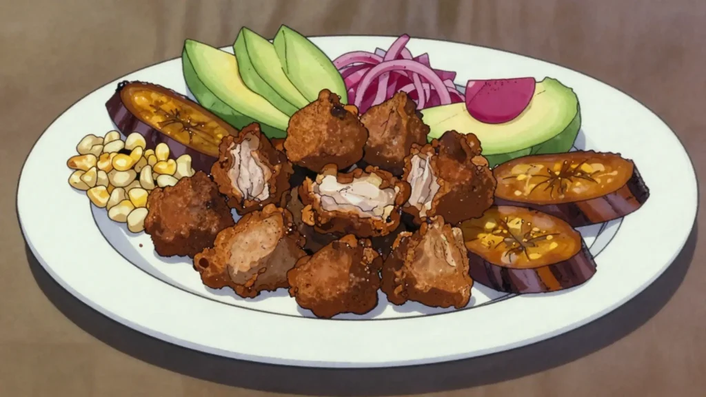 Fritada, pork braised then crisped in its fat, with hominy and plantain, Ecuador main, anime style