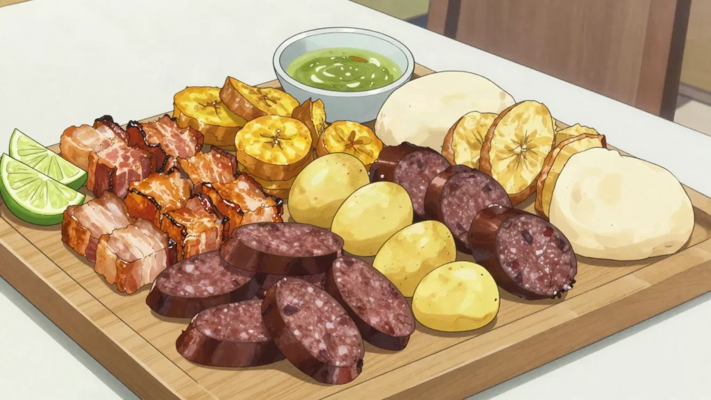 Fritanga, roadside grill plate of carne asada, gallo pinto, fried cheese and plantain, Nicaragua street food, anime style