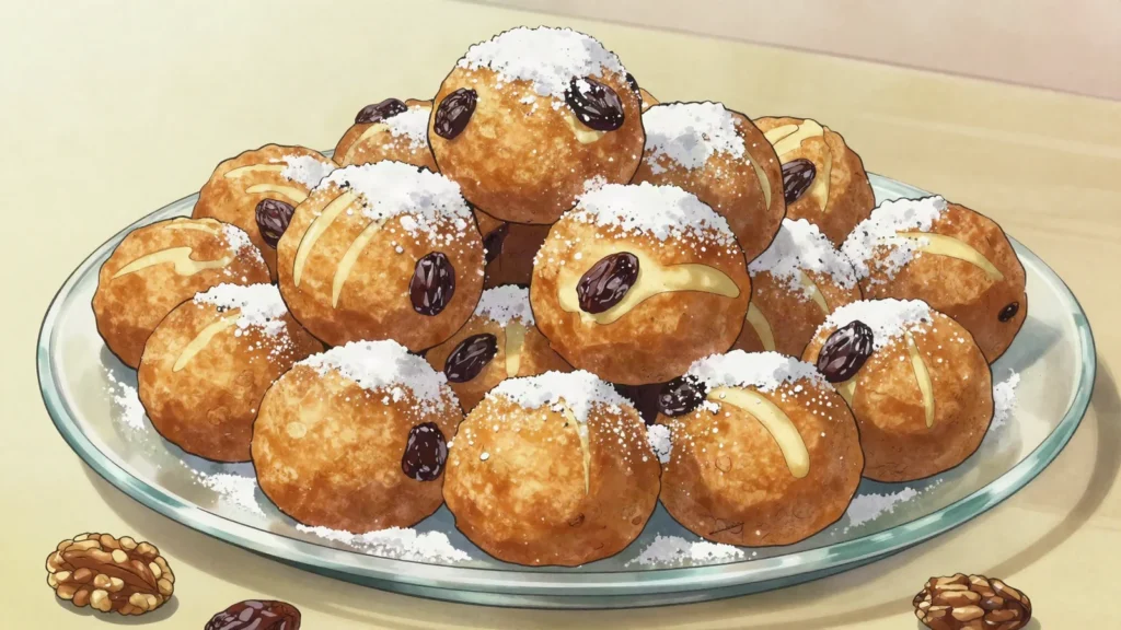 Fritule, rum-scented mini doughnuts with raisins, festive treat, Croatia dessert, anime style