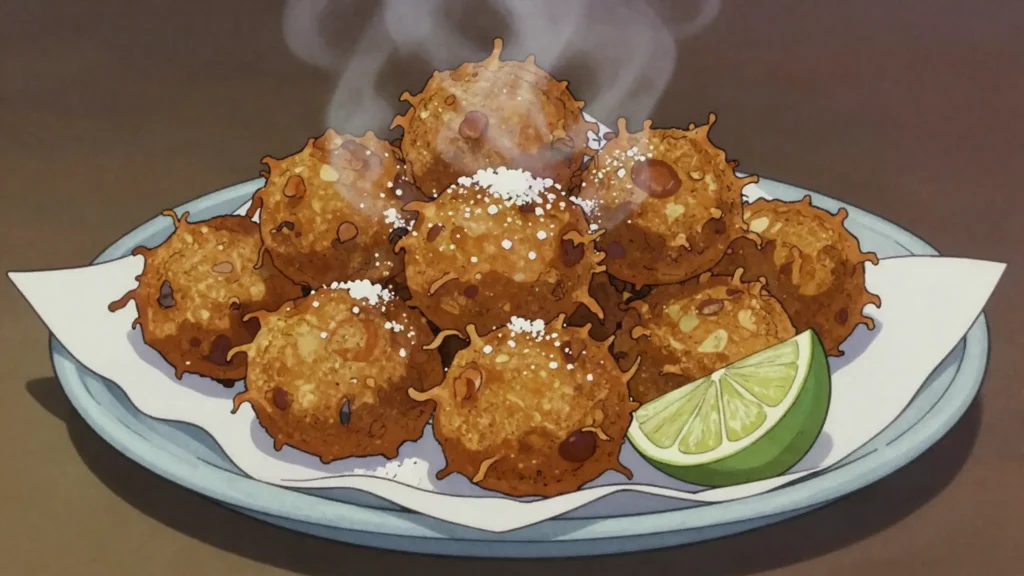 Frituras de malanga, garlicky malanga-root fritters, Cuba snack, anime style