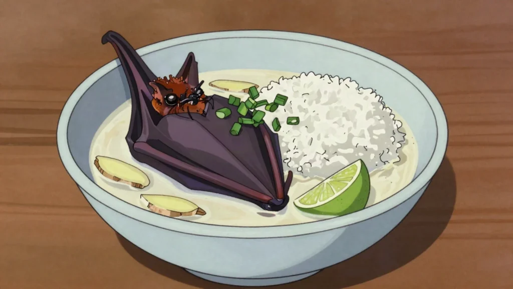 Fruit Bat Soup, whole fruit bat simmered in coconut milk with ginger, famed island delicacy, Palau soup & stew, anime style