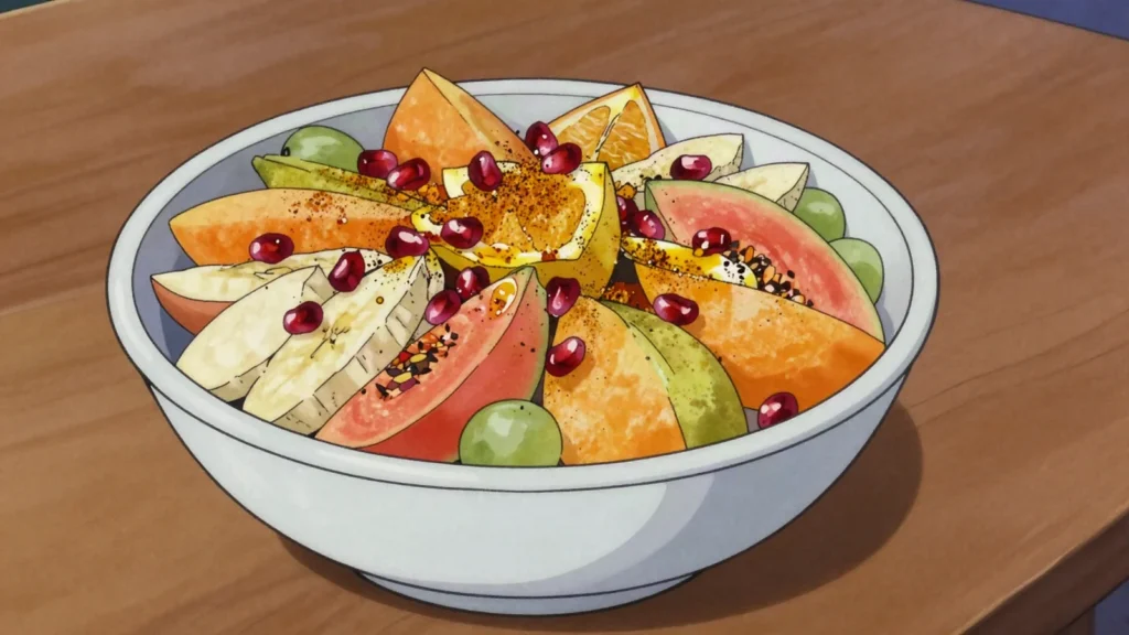 Fruit Chaat, chopped seasonal fruit tossed with chaat masala, lemon and a little syrup, Pakistan street food, anime style