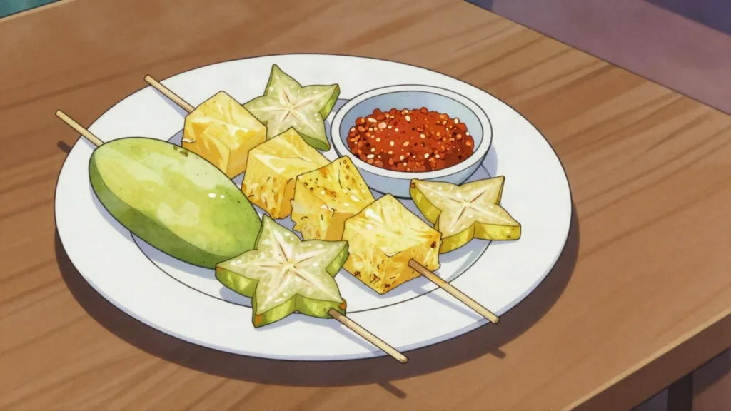 Fruits confits, green mango, pineapple and tamarind steeped in brine, dusted with chili salt, Mauritius snack, anime style