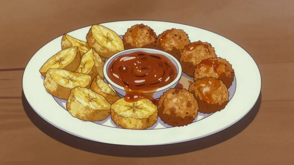 Fry fry, plate of fried potato, plantain, bean akara and fish balls with gravy, Sierra Leone street food, anime style