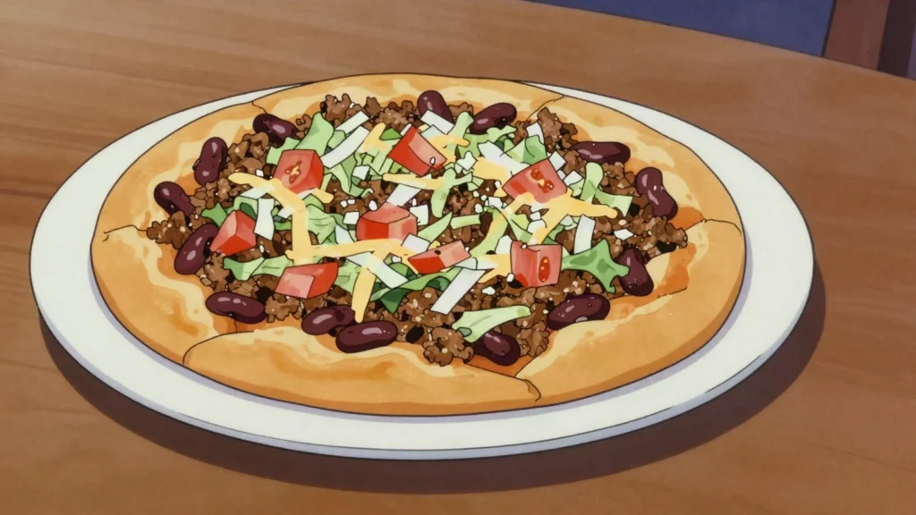 Frybread, flat disc of dough fried puffy, eaten plain or built into an Indian taco, United States bread & pastry, anime style