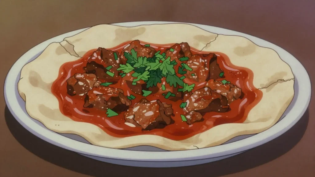 Ftat, torn pieces of thin dough steamed and soaked in a meat and tomato sauce, Libya main, anime style