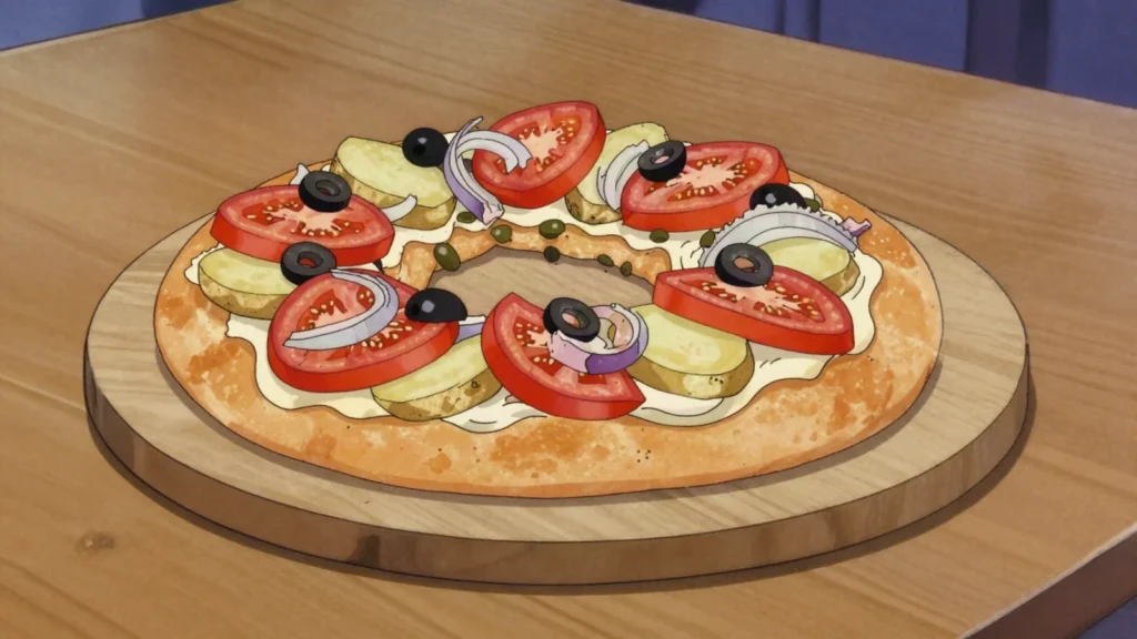 Ftira, flat sourdough ring topped with tuna, tomato, capers and olives, Malta bread & pastry, anime style