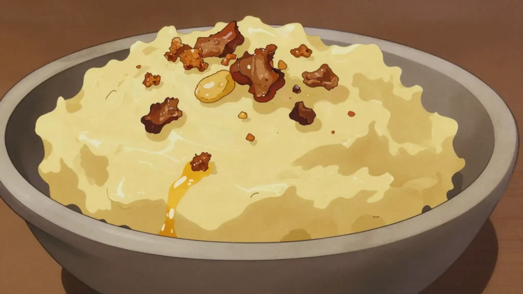 Fufú de plátano, mashed plantains with garlic and pork cracklings, Cuba salad & side, anime style
