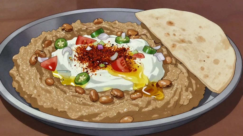 Ful, mashed fava beans with tomato, onion and cumin, scooped with bread, Eritrea breakfast, anime style
