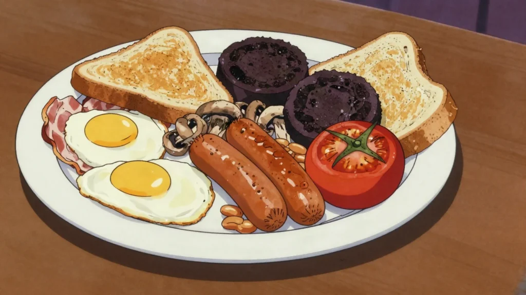 Full English breakfast, eggs, bacon, sausages, beans, mushrooms, tomatoes, toast, United Kingdom breakfast, anime style