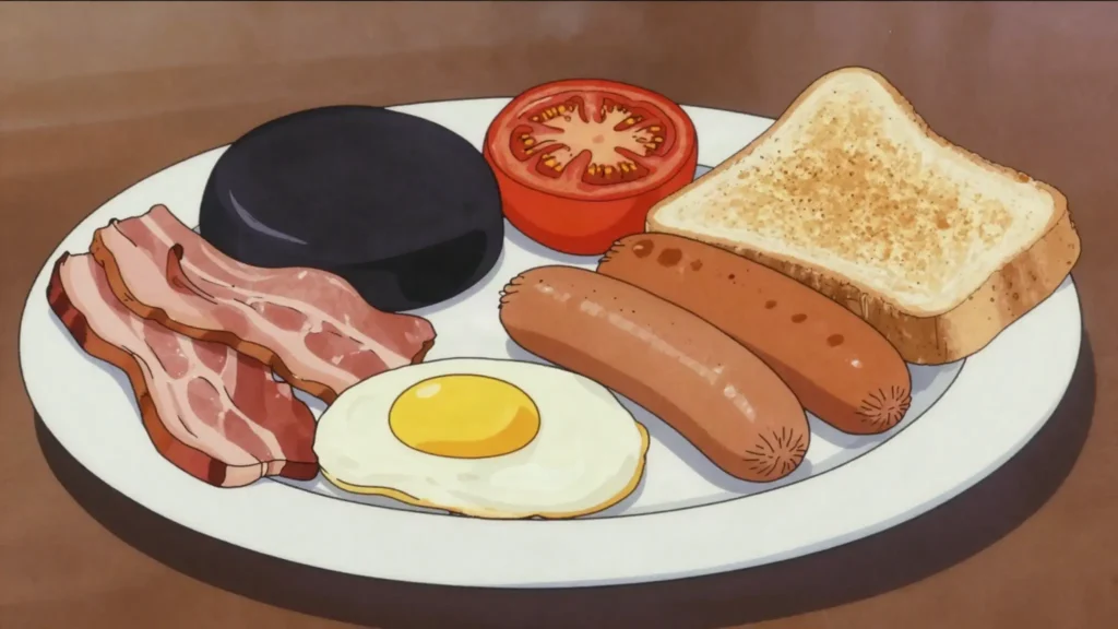 Full Irish breakfast, bacon, sausages, eggs, black and white pudding, toast, Ireland breakfast, anime style