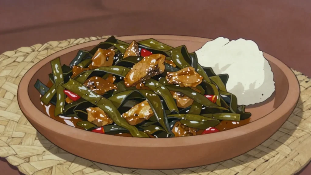 Fumbwa, wild fumbwa leaves in peanut-palm sauce with smoked fish, DR Congo soup & stew, anime style