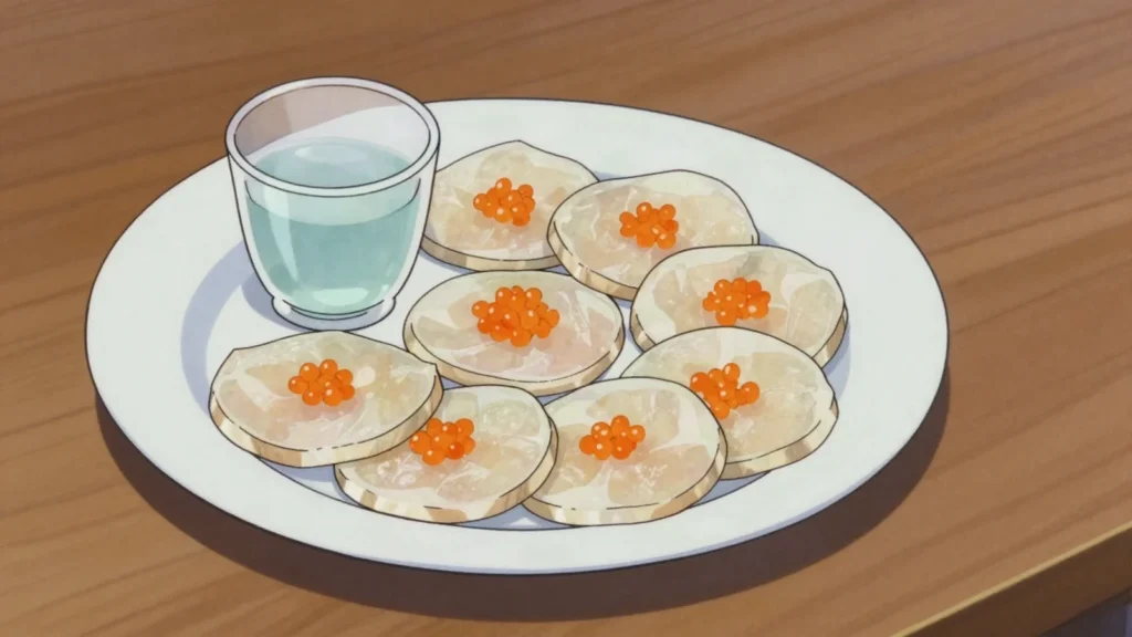 Funazushi, lake Biwa crucian carp packed in rice and fermented for years, Japan fermented & pickled, anime style