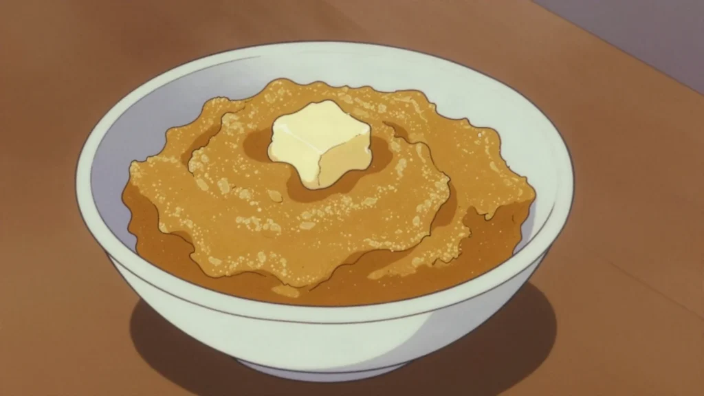 Futali, sweet potato or pumpkin mashed with groundnut flour, Malawi salad & side, anime style