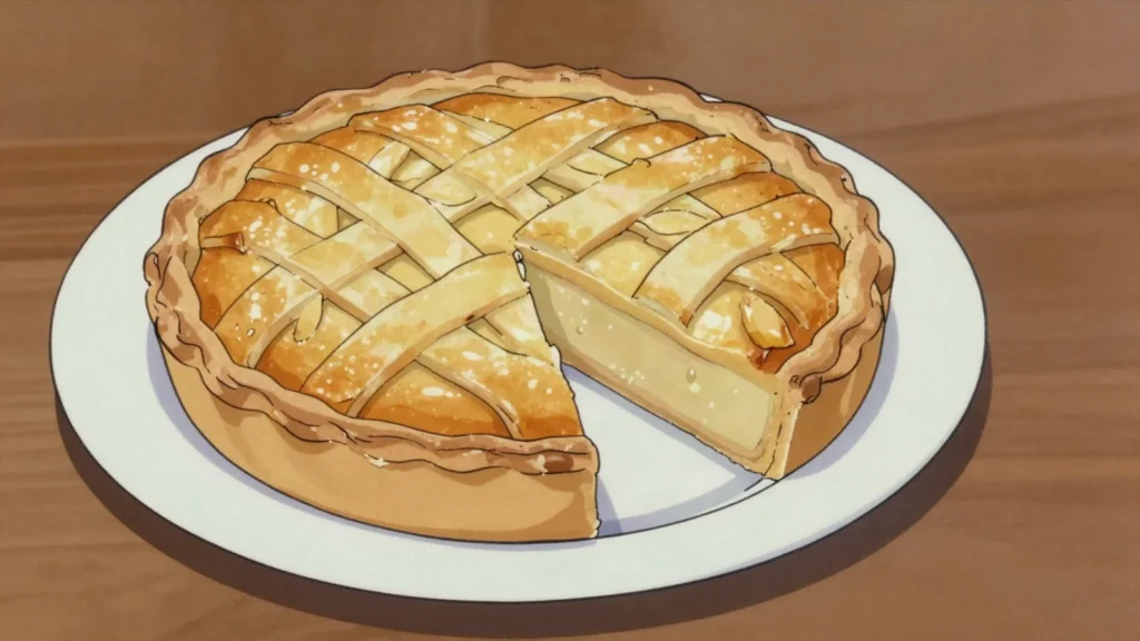 Fyrstekake, almond-filled tart under a lattice of pastry strips, Norway dessert, anime style