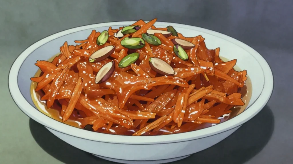 Gajar ka Halwa, grated carrots slow-cooked in milk, ghee and nuts; winter treat, India dessert, anime style