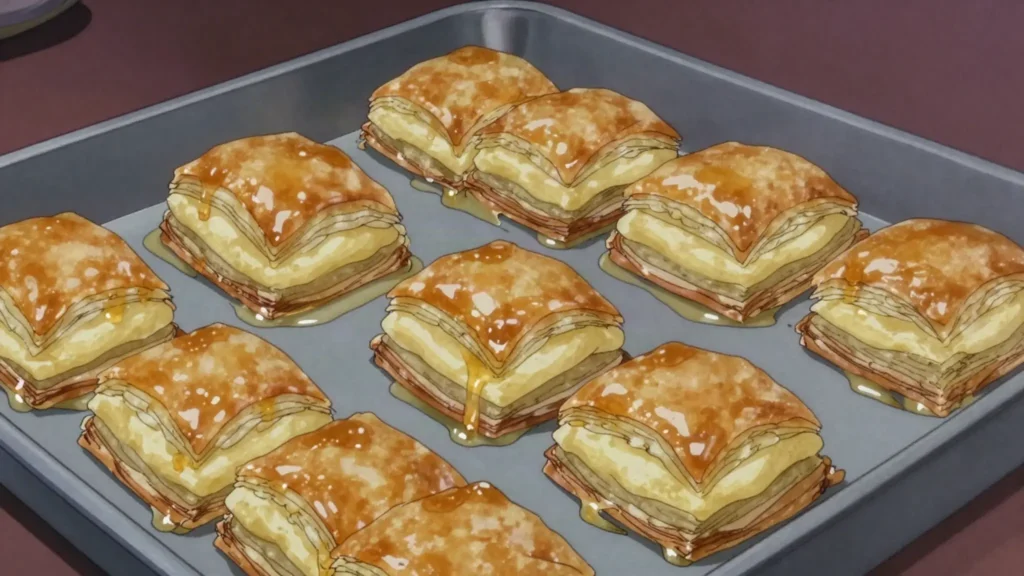 Galaktoboureko, semolina custard baked in syrupy phyllo, Greece dessert, anime style