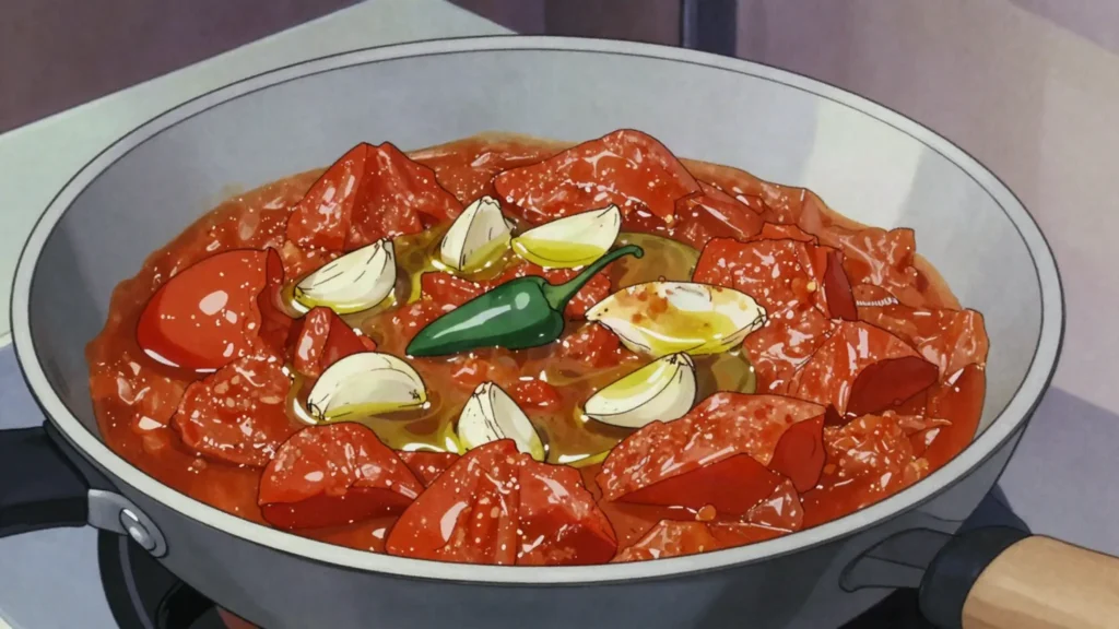 Galayet bandora, tomatoes stewed with olive oil, garlic and chili, scooped with bread, Jordan main, anime style