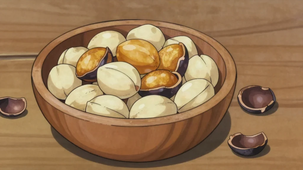 Galip Nut, buttery canarium nut, eaten raw, roasted or pressed into oil, Papua New Guinea snack, anime style