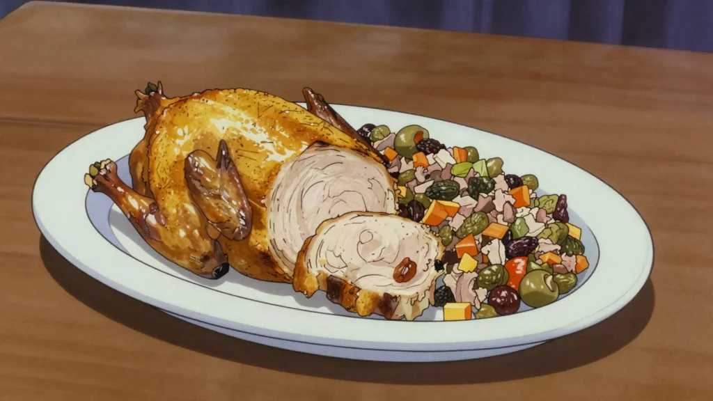 Gallina rellena, hen stuffed with pork, capers, olives and vegetables, roasted then sliced, Nicaragua main, anime style