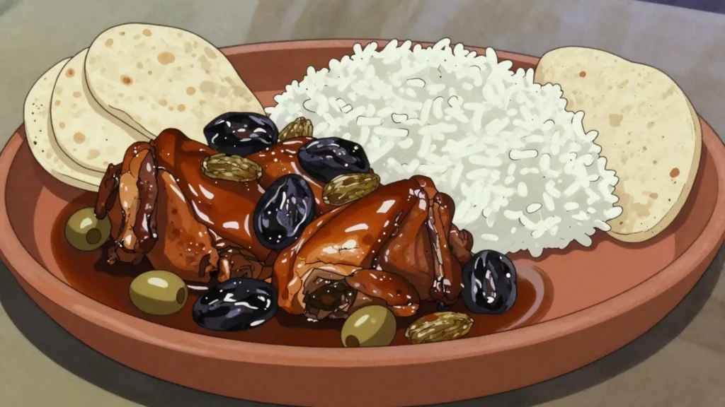 Gallo en chicha, rooster braised in fermented corn drink with panela, El Salvador main, anime style