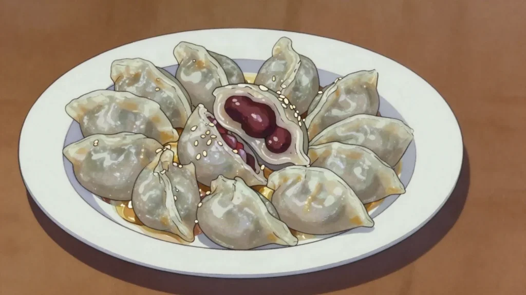 Gamja Tteok, translucent chewy dumplings of potato starch stuffed with beans or vegetables, North Korea snack, anime style