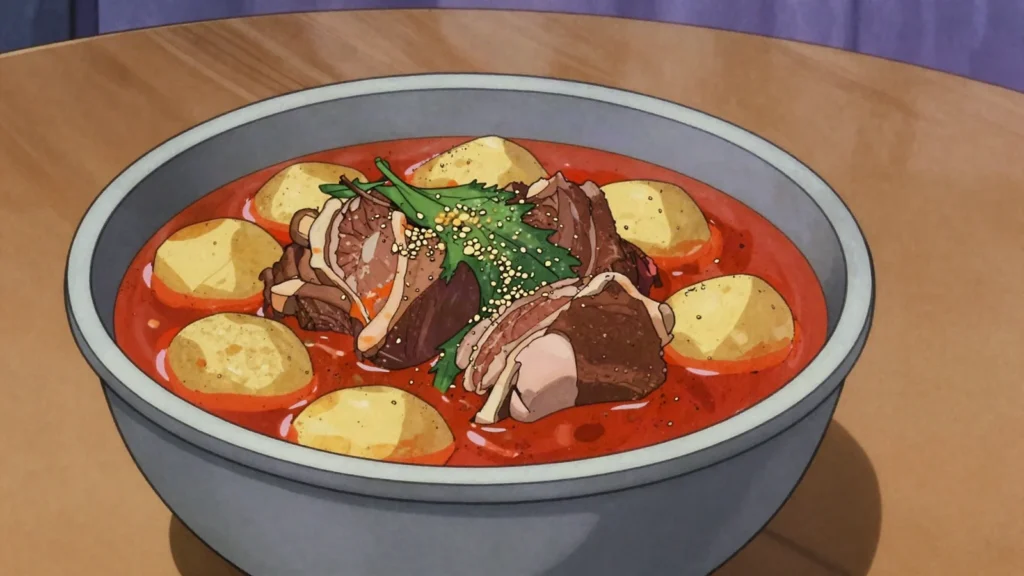 Gamjatang, spicy pork backbone stew with potatoes and perilla leaves, South Korea soup & stew, anime style
