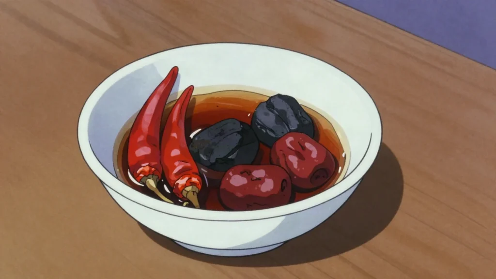 Ganjang, korean soy sauce drawn off fermenting meju brine; darker and saltier, South Korea fermented & pickled, anime style
