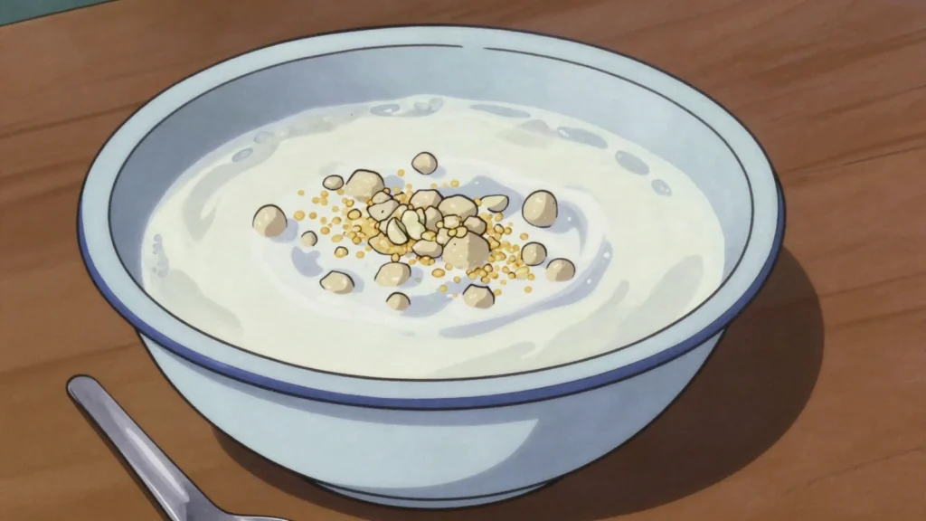 Gappal, pellets of millet dough stirred into fermented cow's milk and eaten, Burkina Faso fermented & pickled, anime style