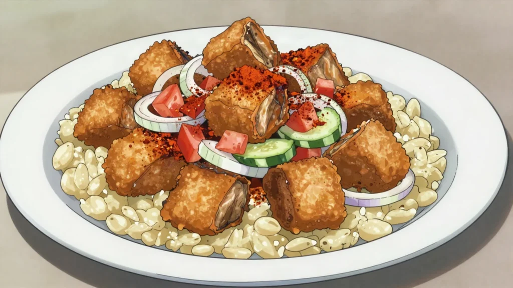Garba, attiéké piled with fried tuna, chili, onion and tomato; beloved cheap eat, Côte d'Ivoire street food, anime style