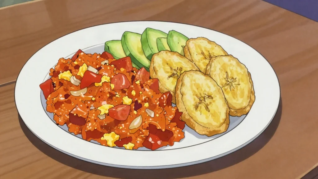 Gari, toasted cassava granules soaked in water or sprinkled over beans, Benin salad & side, anime style