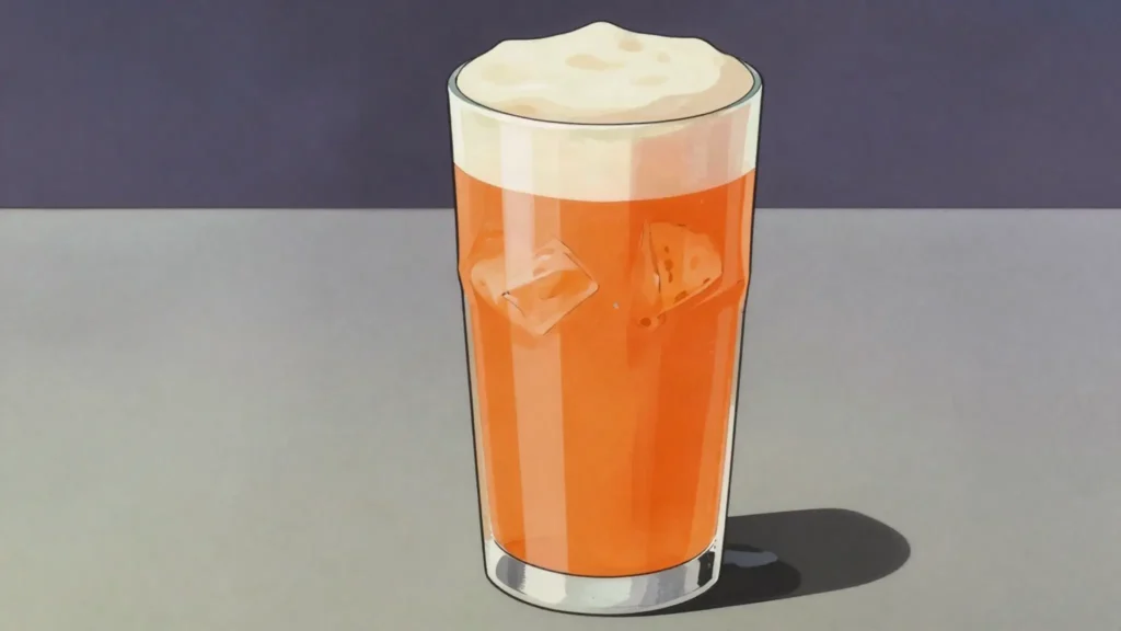 Garibaldi, campari lengthened with fluffy fresh orange juice, drunk before dinner, Italy cocktail, anime style