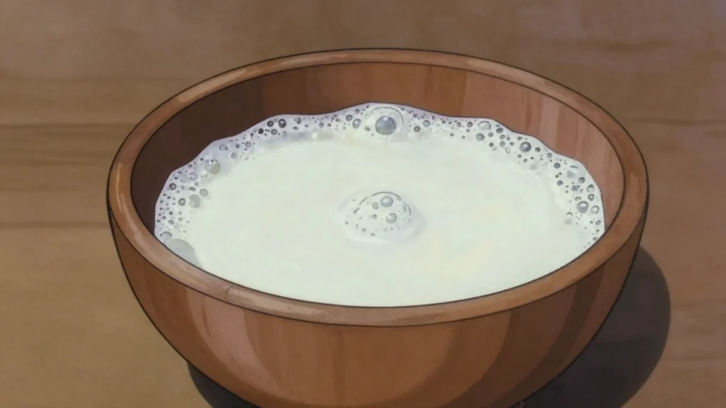 Gariss, sharp fermented camel milk churned in a skin bag and drunk by nomads, Sudan fermented & pickled, anime style