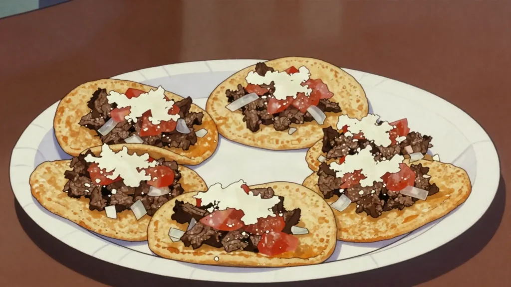 Garnachas, small thick tortillas fried and topped with mince, onion, cheese and salsa, Guatemala street food, anime style