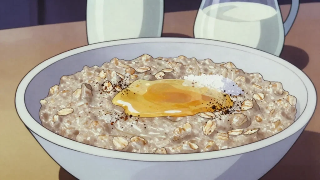 Garoobey, soothing oat porridge cooked with milk and cumin, Djibouti breakfast, anime style