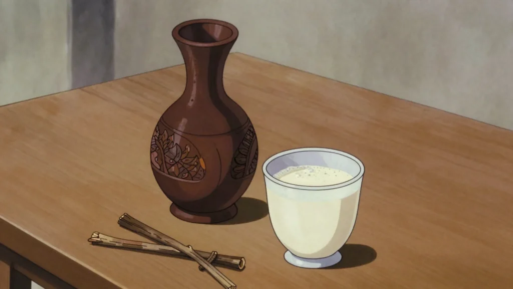 Garoor, soured camel milk left to ferment in a gourd, drunk tart and thin, Djibouti fermented & pickled, anime style