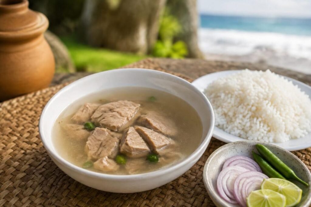 Garudhiya, clear tuna broth over rice with lime, chili and onion, Maldives soup & stew