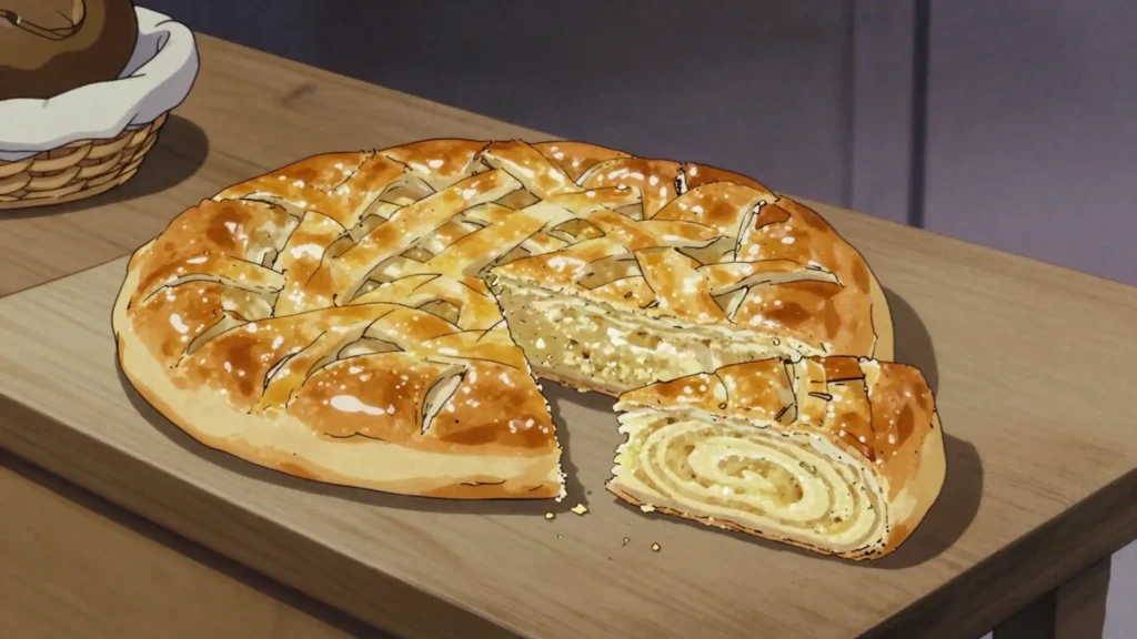 Gata, sweet layered pastry with buttery khoriz filling, Armenia bread & pastry, anime style