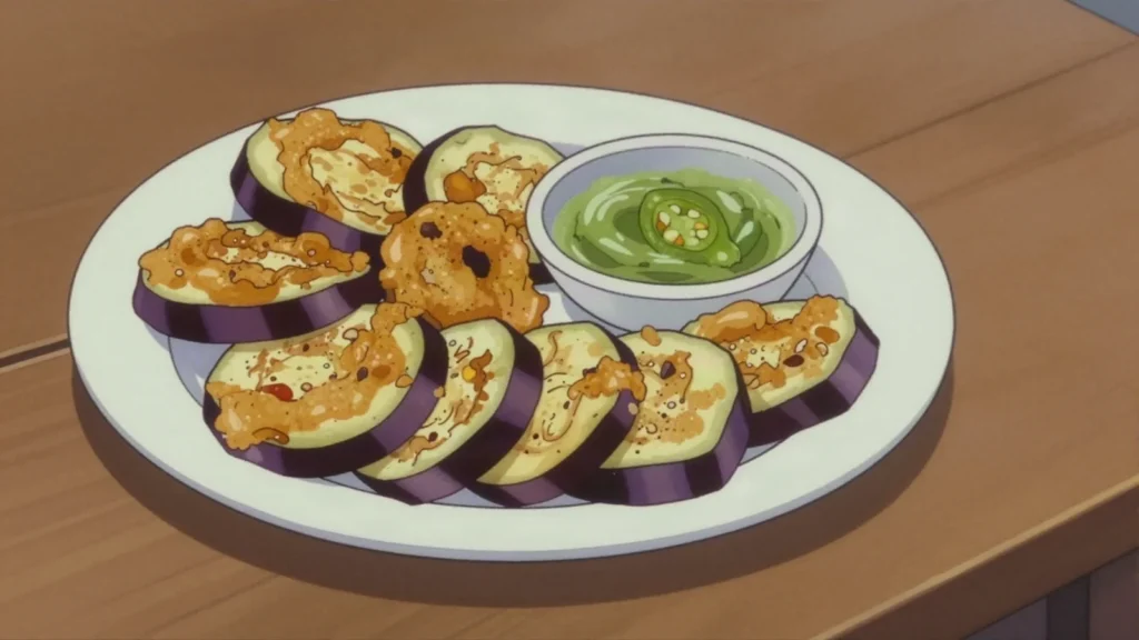 Gateau brinzel, aubergine slices dipped in spiced gram flour batter and deep-fried, Mauritius street food, anime style
