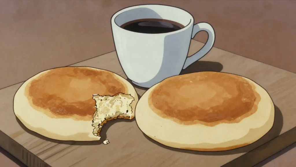 Gateau farine, round griddled wheat cake, plain and slightly sweet, eaten with coffee, Guinea bread & pastry, anime style