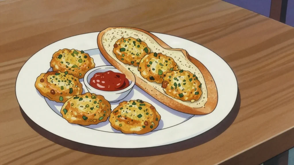 Gateau piment, crunchy split-pea chili fritters, breakfast in a baguette, Mauritius snack, anime style