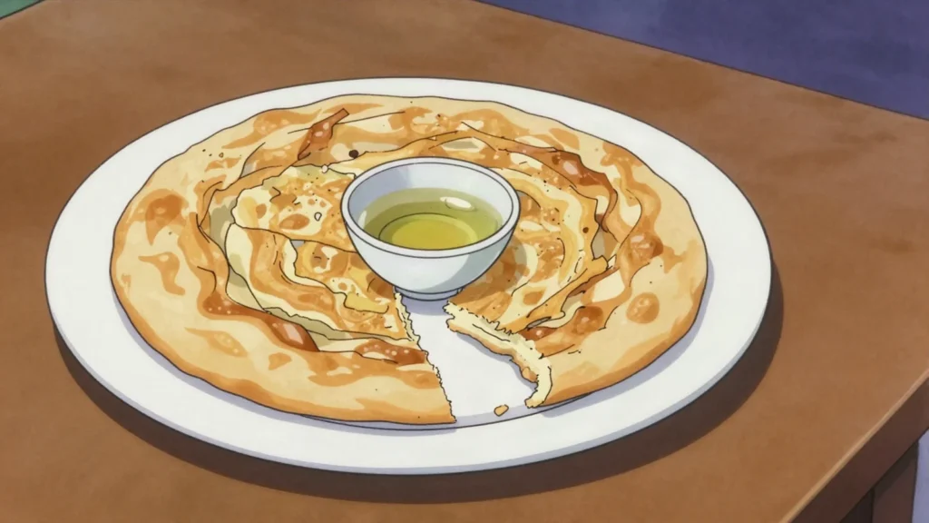 Gatlama, layered flatbread fried in oil so it separates into thin sheets, Turkmenistan bread & pastry, anime style