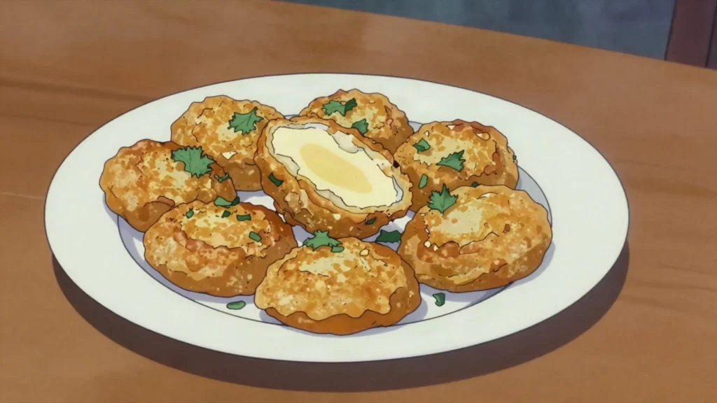Gato arouille, grated taro fritters, crisp outside and soft within, sold at street corners, Mauritius snack, anime style