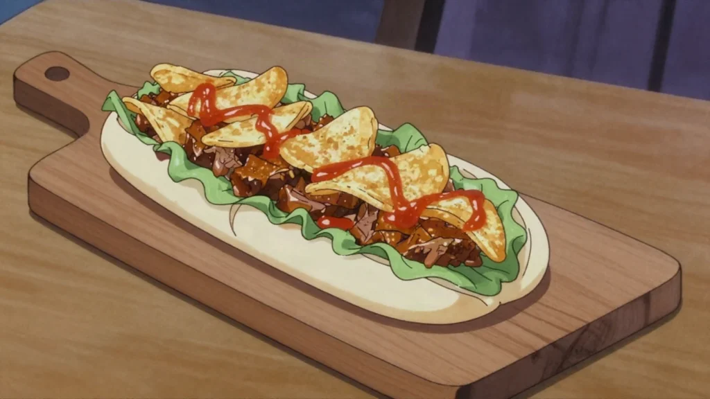 Gatsby, cape Town foot-long roll crammed with chips and masala steak, South Africa street food, anime style
