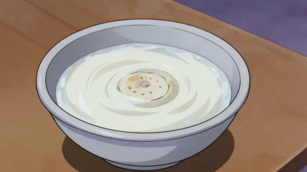 Gatyk, sour set milk eaten with bread and stirred into soups, Turkmenistan cheese & dairy, anime style
