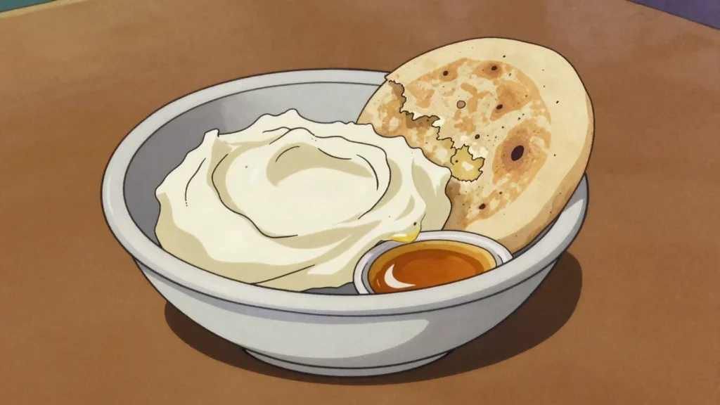 Gaymak, thick clotted cream from cow or camel milk, eaten with bread and tea, Turkmenistan cheese & dairy, anime style
