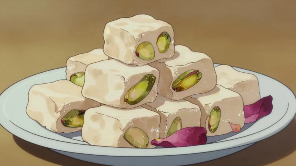 Gaz, isfahani rosewater-pistachio nougat, Iran snack, anime style