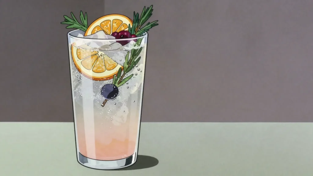 Gazoz, soda water poured over fermented fruit and herb syrups, garnished in the glass, Israel drink, anime style