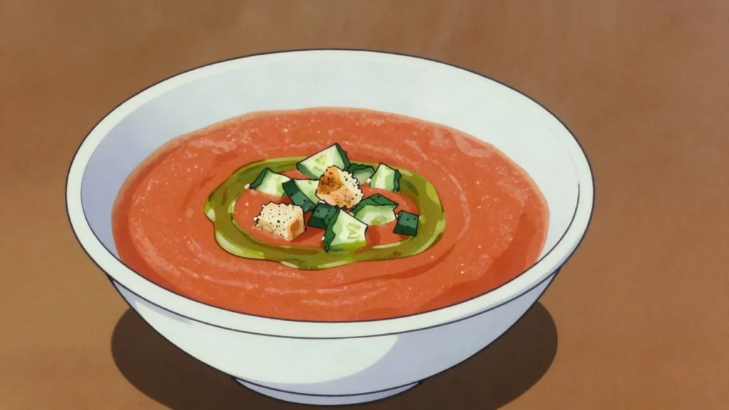 Gazpacho, chilled raw tomato, pepper and cucumber soup from Andalusia, Spain soup & stew, anime style