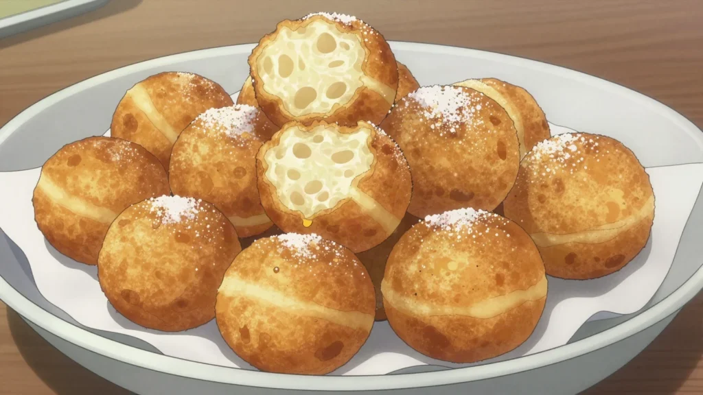 Gbofloto, puffy deep-fried dough balls sold warm from roadside basins, Côte d'Ivoire snack, anime style